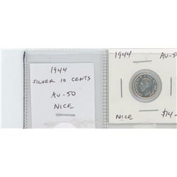 1944 GEORGE VI SILVER 10 CENTS. AU-50. NICE.