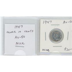 1947 GEORGE VI SILVER 10 CENTS. AU-50. NICE.