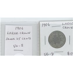 1906 EDWARDIAN SILVER 25 CENTS. LARGE CROWN VARIETY. VG-8.