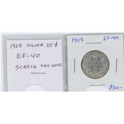 1908 EDWARDIAN SILVER 25 CENTS. EF-40. SCARCE. THE FIRST YEAR 25 CENTS WERE MINTED IN CANADA.