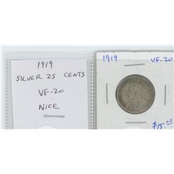 1919 GEORGE V SILVER 25 CENTS. VF-20. NICE.