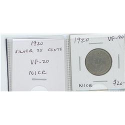 1920 GEORGE V SILVER 25 CENTS. VF-20. NICE.