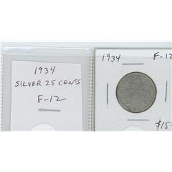 1934 GEORGE V SILVER 25 CENTS. F-12.