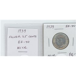 1939 GEORGE VI SILVER 25 CENTS. EF-40. NICE.