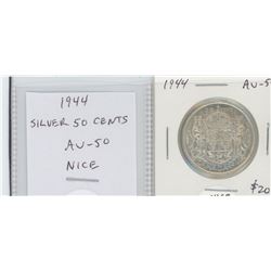 1944 GEORGE VI SILVER 50 CENTS. AU-50. NICE.