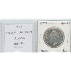 1949 GEORGE VI SILVER 50 CENTS. AU-50. NICE.