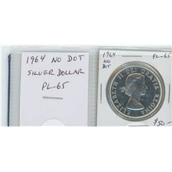 1964 NO DOT SILVER DOLLAR. MISSING DOT ON REVERSE. PL-65. NICE.