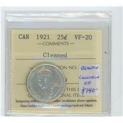 1921 SILVER 25 CENTS. ICCS GRADED VF-20 CLEANED. A CERTIFIED KEY DATE COIN.
