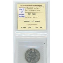 1917 SILVER 50 CENTS. ICCS GRADED VF-20 HARSHLY CLEANED. A CERTIFIED KEY DATE COIN.