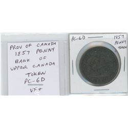 PROVINCE OF CANADA 1857 PENNY TOKEN. BANK OF UPPER CANADA. PC-6D. ST. GEORGE SLAYING A DRAGON. VF-30