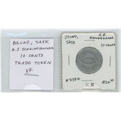 BRUNO, SASKATCHEWAN 10 CENTS TRADE TOKEN FROM A.J. SCHWINGHAMER, GENERAL MERCHANT. OCTAGONAL. ALUMIN
