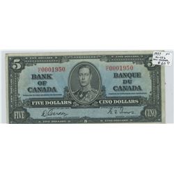 1937 LOW #0001950 5 DOLLAR NOTE