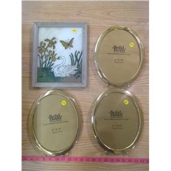 3- 8"X10" BRASS PICTURE FRAMES + SWAN PAINTING