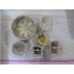 5- MINI WEAVED WOOD BASKETS + WOODEN BOWL