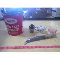BURNS PURE LARD TIN + COLLECTABLE GLASSWARE + KNIFE