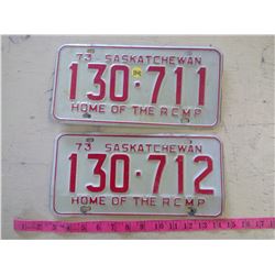 2- 1973 SASKATCHEWAN RCMP LICENSE PLATES (CONSECUTIVE NUMBERS)