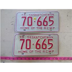 2- 1973 SASKATCHEWAN RCMP LICENSE PLATES (FRONT & BACK)