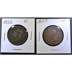 1833 FINE, & 1839 VG LARGE CENTS