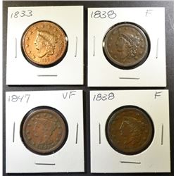 1833 VF CLEANED, 2 1838 FINE, 1847 VF LARGE CENTS