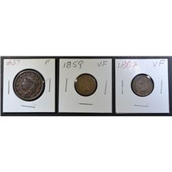 1837 LARGE CENT F, 1859 & 62 INDIAN CENTS VF
