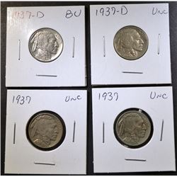 2 1937 & 2 37-D BUFFALO NICKELS BU