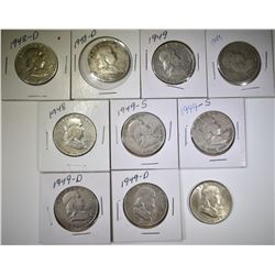 LOT OF 10 FRANKLIN HALF DOLLARS: