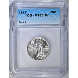 1917 TYPE 1 STANDING LIBERTY QUARTER ICG MS-65 FH