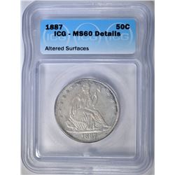 1887 SEATED LIBERTY HALF DOLLAR  ICG MS-60 DETAILS