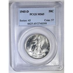 1945-D WALKING LIBERTY HALF DOLLAR, PCGS MS-65