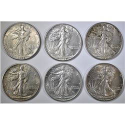 6 WALKING LIBERTY HALVES AU