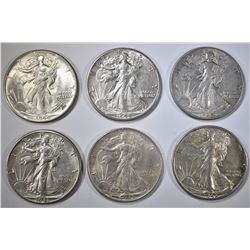 6 WALKING LIBERTY HALVES AU