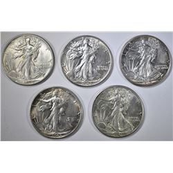 5 WALKING LIBERTY HALVES AU/BU