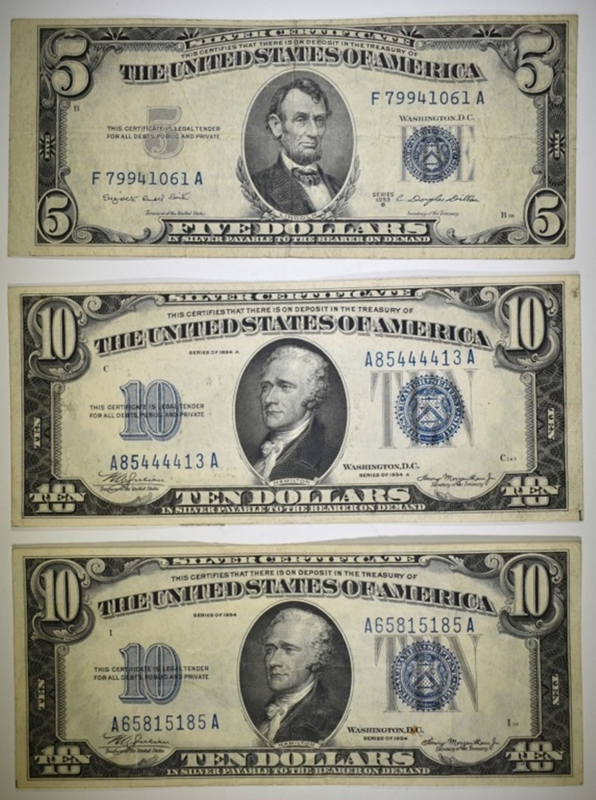 1934 34 A $10 53 B $5 SILVER CERTIFICATES 1934 34 A $10 53 B $5 SILVER CERTIFICATES