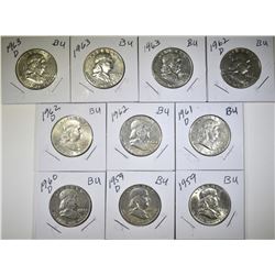 LOT OF 10 BU FRANKLIN HALF DOLLARS: