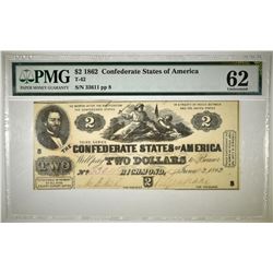 1862 $2 CONFEDERATE NOTE PMG 62 T-42