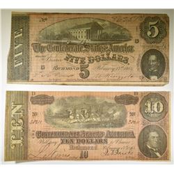 1864 $5.00 & $10.00 CONFEDERATE NOTES
