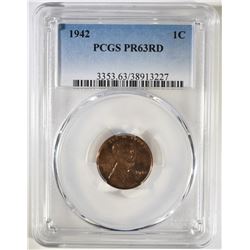 1942 LINCOLN CENT PCGS PR-63 RD