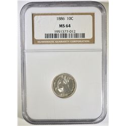 1886 SEATED LIBERTY DIME NGC MS-64