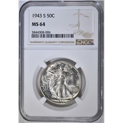 1943-S WALKING LIBERTY HALF DOLLAR NGC MS-64