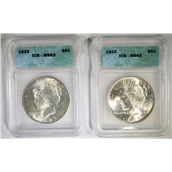 1922 & 23 PEACE DOLLARS ICG MS-63
