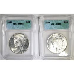 1923 & 24 PEACE DOLLARS ICG MS-63