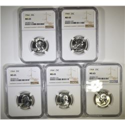 ( 5 ) 1964 WASHINGTON QTR NGC MS65