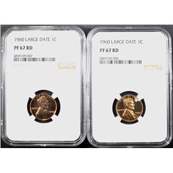 2-1960 LARGE DATE LINCOLN CENTS, NGC PF-67 RED