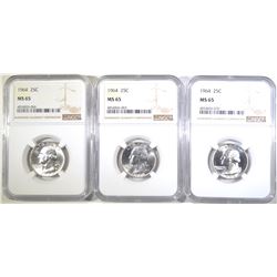 3-1964 WASHINGTON QUARTERS, NGC MS-65