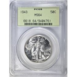 1943 WALKING LIBERTY HALF DOLLAR, PCGS MS-64