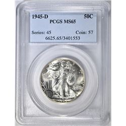 1945-D WALKING LIBERTY HALF DOLLAR, PCGS MS-65