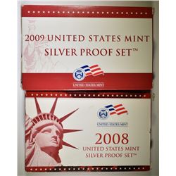 2008 & 09 U.S. SILVER PROOF SETS ORIG PACKAGING