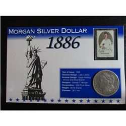 1886 Morgan Silver Dollar & Stamp Historical Facts Card