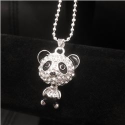 Ladies Rhinestone Black Enameled Panda Pendant Accompanied With 925 Sterling Silver Necklace
