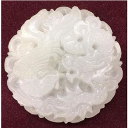 Asian White Jade Carved Peacock Dragon Medallion